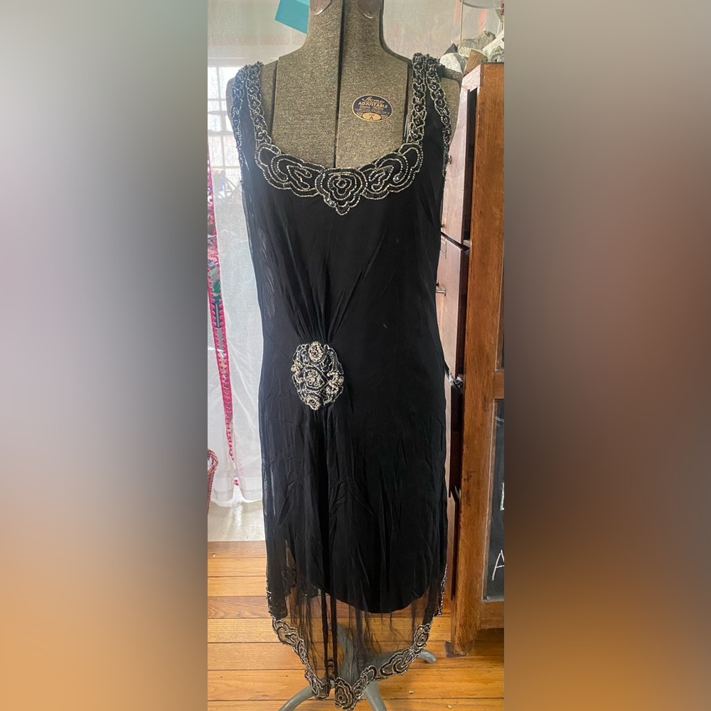 Vintage 90s Spiegel Black Sheer Dress Sequin Bead Rhinestone Embellishment Sz 12